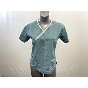 Mobb Women's Medical Scrub Top Size Small Green Wrap V Neck Short Sleeve Polyest
